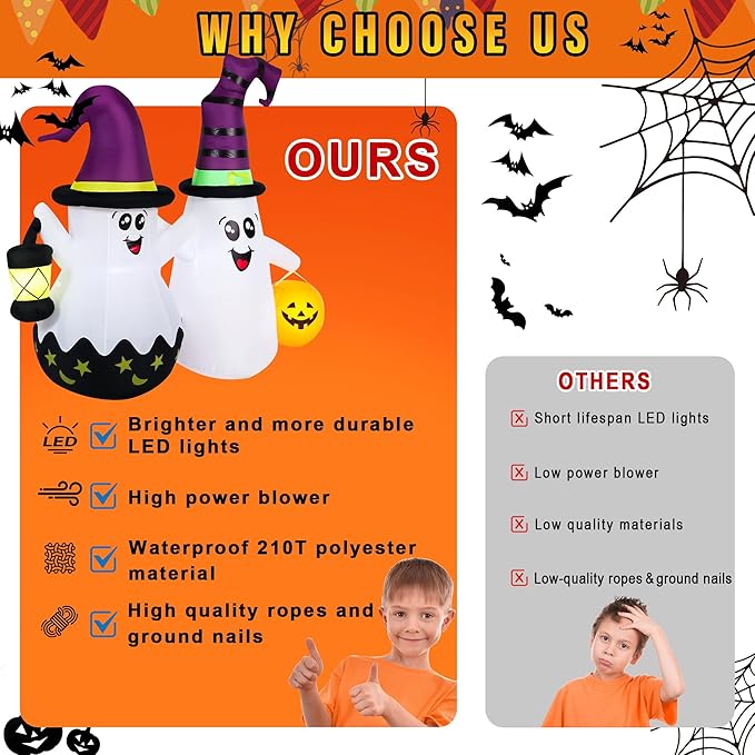 Halloween Inflatables Outdoor Decorations, Blow Ups 2-Pack Cute Ghosts with Build-in LED Lights, Funny Yard Garden Decoration for Halloween Party Indoor Outdoor