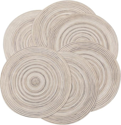 SHACOS Round Braided Placemats 15 inch Set of 6 Washable Kitchen Table Placemats for Home Wedding Party (Rainbow Gray, 6)