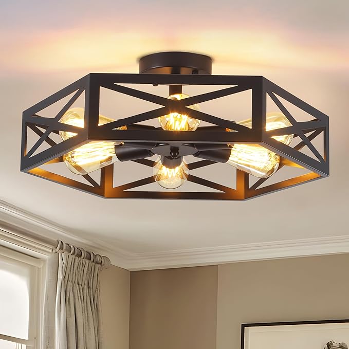 Farmhouse Flush Mount Ceiling Light Fixture,Modern Black Kitchen Lighting Fixtures Ceiling Industrial Farmhouse Light Fixtures for Hallway, Bedroom, Dining Room, Living Room 19.6 in