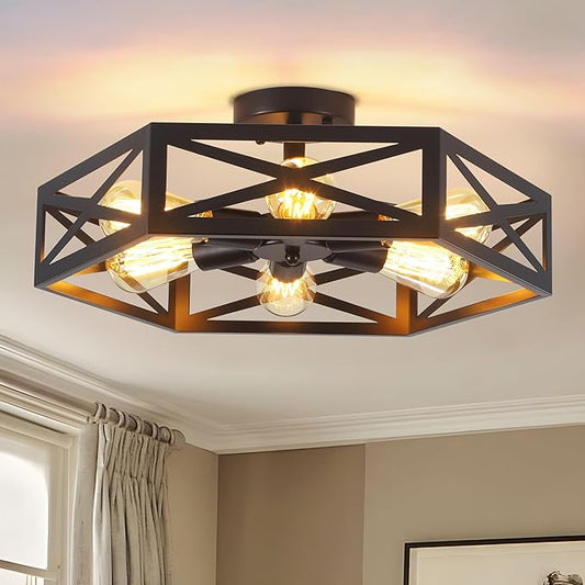Farmhouse Flush Mount Ceiling Light Fixture,Modern Black Kitchen Lighting Fixtures Ceiling Industrial Farmhouse Light Fixtures for Hallway, Bedroom, Dining Room, Living Room 19.6 in