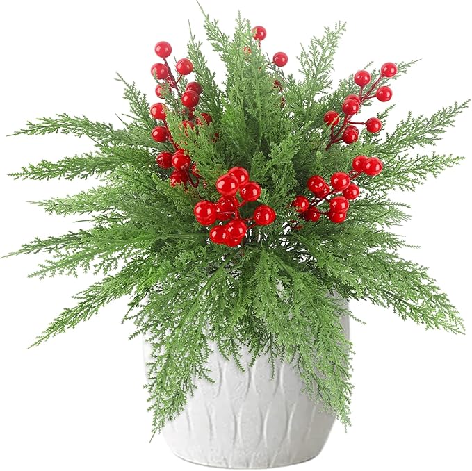 HOHOTIME 6 Pcs Christmas Decoration, 17.7 inch Artificial Picks Pine Stems with Berry for Vase, Faux Norfolk Pine Cypress Leaves Branches Fake Foliage Cedar for DIY Craft Xmas Indoor Home Decor