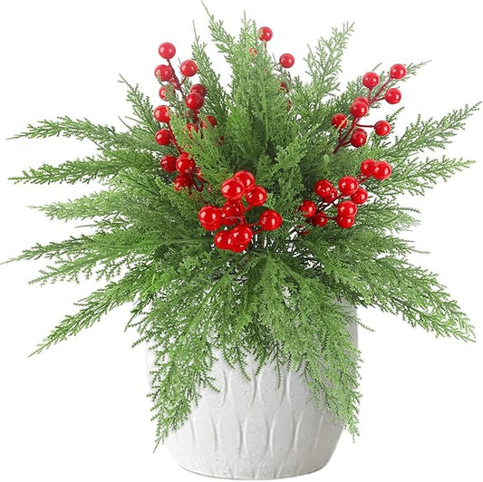 HOHOTIME 6 Pcs Christmas Decoration, 17.7 inch Artificial Picks Pine Stems with Berry for Vase, Faux Norfolk Pine Cypress Leaves Branches Fake Foliage Cedar for DIY Craft Xmas Indoor Home Decor