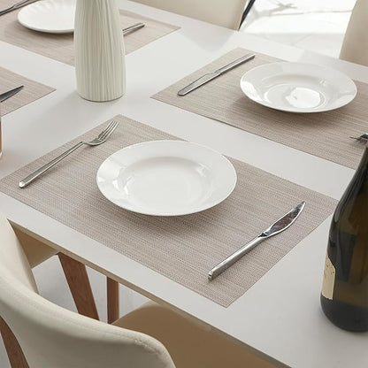 Leetaltree Beige White Placemats Set of 16 - Heat Resistant Non-Slip Place mats for Dining Table, Washable Durable PVC Vinyl Woven Table Mats（Beige White, 16）