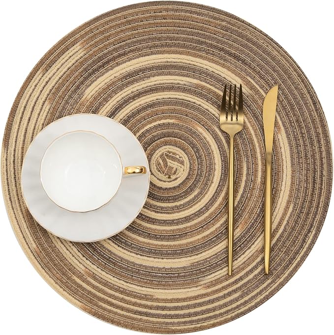 SHACOS Round Braided Placemats 15 inch Set of 4 Variegated Washable Kitchen Table Place Mats Table Mats for Home Wedding Party (Rainbow Brown, 4)