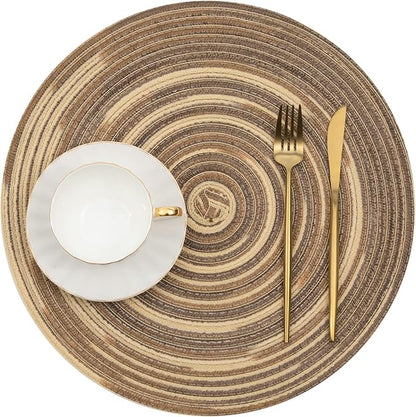 SHACOS Round Braided Placemats 15 inch Set of 4 Variegated Washable Kitchen Table Place Mats Table Mats for Home Wedding Party (Rainbow Brown, 4)