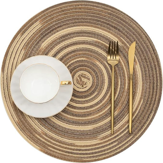 SHACOS Round Braided Placemats 15 inch Set of 4 Variegated Washable Kitchen Table Place Mats Table Mats for Home Wedding Party (Rainbow Brown, 4)