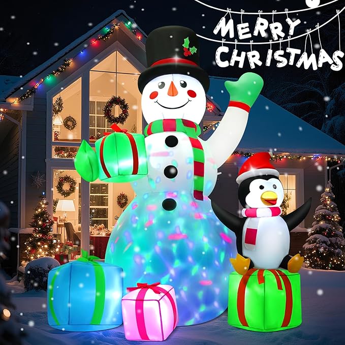 7 FT Christmas Inflatable Snowman Outdoor Decoration with Build-in Multicolor LEDs, Snowman with 4 Gifts Blow Up Inflatables Christmas for Yard Garden Lawn Xmas Holiday Decor