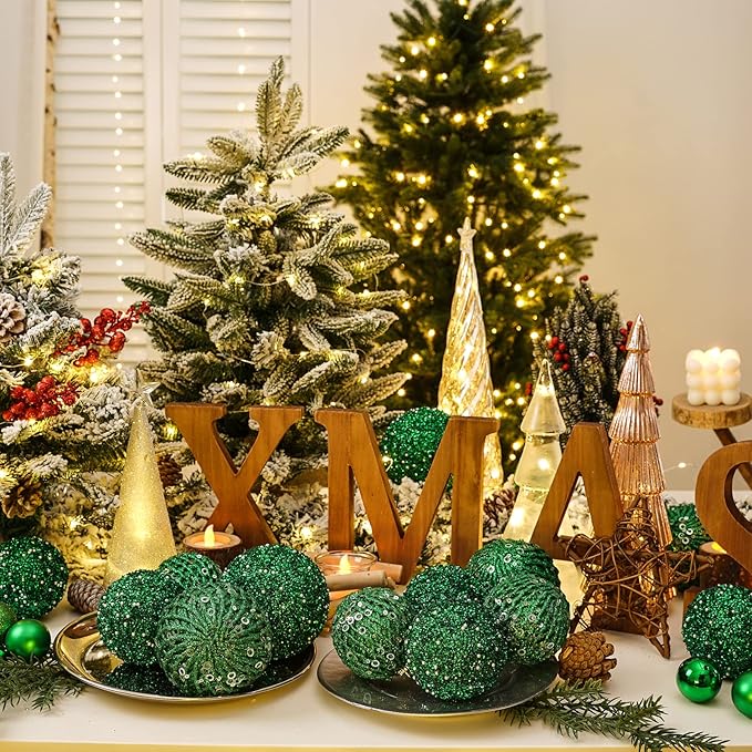6pcs 3.94" Christmas Ball Ornaments Glitter Shatterproof Christmas Tree Ornaments Sequin Xmas Hanging Balls Decorations for Wedding Party Holiday(Green, 6pc-10cm)