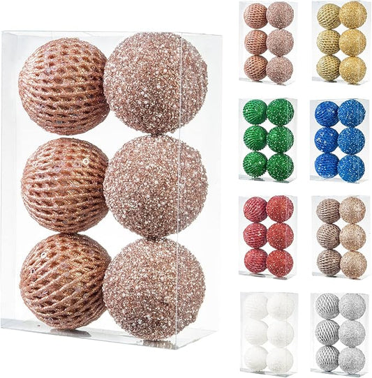 6pcs 3.94" Christmas Ball Ornaments Glitter Shatterproof Christmas Tree Ornaments Sequin Xmas Hanging Balls Decorations for Wedding Party Holiday(Rose Gold, 6pc-10cm)