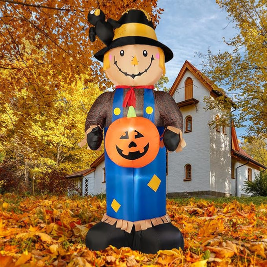 8FT Fall Inflatables Scarecrow Decorations, Giant Scarecrow with Pumpkin Inflatable Yard Decor Built-in LEDs, Scarecrow Blow Up Yard Decorations for Halloween Fall Autumn Harvest Lawn Garden
