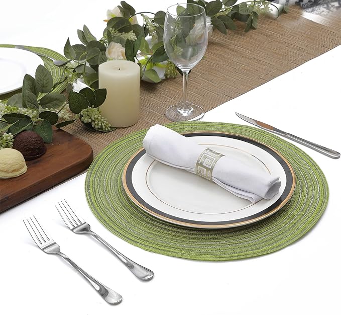 SHACOS Round Placemats Set of 8 Washable 15 inch Round Table Mats Braided Non Slip Fabric Place Mats for Dining Table Indoor (Pea Green, 8)
