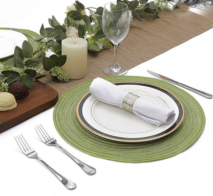 SHACOS Round Placemats Set of 8 Washable 15 inch Round Table Mats Braided Non Slip Fabric Place Mats for Dining Table Indoor (Pea Green, 8)