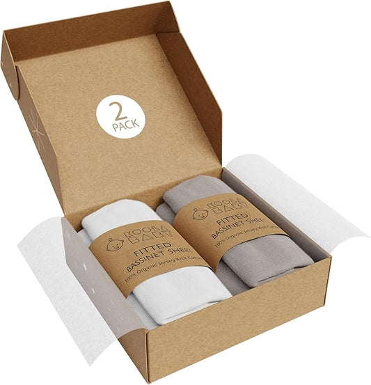 Bassinet Fitted Sheets - Compatible with SNOO Happiest Baby Oval Bassinet | 100% Organic Jersey Cotton - White + Grey | 30x16 (2 Pack)