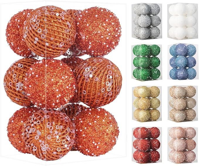 3.15" Christmas Ball Ornaments Glitter Shatterproof Christmas Tree Ornaments Sequin Xmas Hanging Balls Decorations for Wedding Party Holiday(Orange)