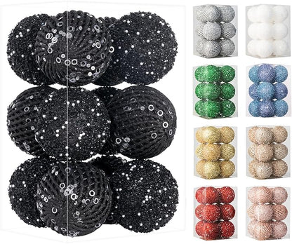 3.15" Christmas Ball Ornaments Glitter Shatterproof Christmas Tree Ornaments Sequin Xmas Hanging Balls Decorations for Wedding Party Holiday(Black)