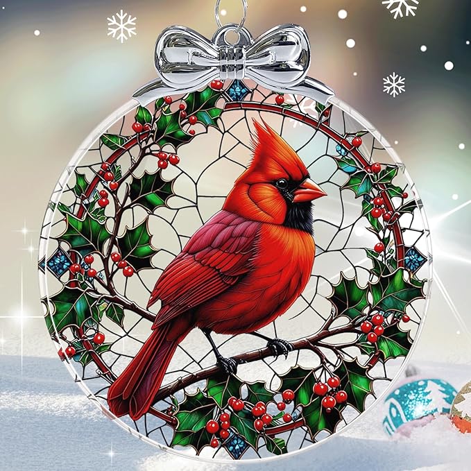Cardinal Stained Glass Christmas Ornament - Hanging Ornaments for Christmas Tree Decorations - Red Cardinal Memorial Gifts for Loss of Loved One