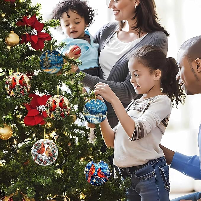 Happy Winter Holiday Ornaments Snow Village Round Ceramic Colorful Hanging Ornament Christmas Keepsake Decor for Xmas Tree Winter Holiday Xmas Gift for Women Men 3"