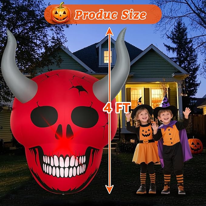 Halloween Inflatables Ghost Decorations Outdoor - 4 FT Horror Red Skull Halloween Blow up Yard Decorations Cute Ghost with LED Build-in for Garden Lawn Indoor Party Decor