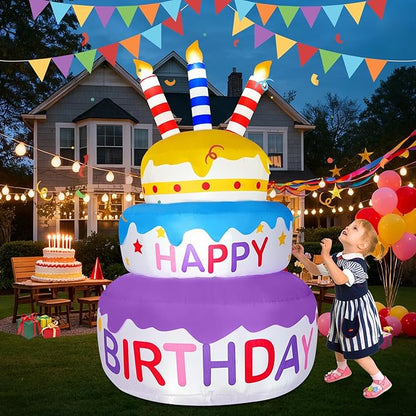 B&D 6FT Happy Birthday Cake Inflatable Decoration, Rotating Cake with Three Colors, Sparkling LED Lights, Eye-catching Outdoor, Indoor Decor for Birthday Party, Holiday, Light Up for Lawn Yard Garden