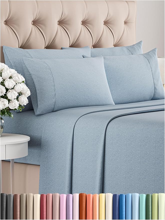CGK Linens Full 6 Piece Sheet Set - Cooling Sheets for Hot Sleepers - Hotel Luxury Bedding Set with 8-16 Inch Deep Pockets - 1 Flat & 1 Fitted & 4 Pillowcases - Soft and Wrinkle Free - Heathered Blue