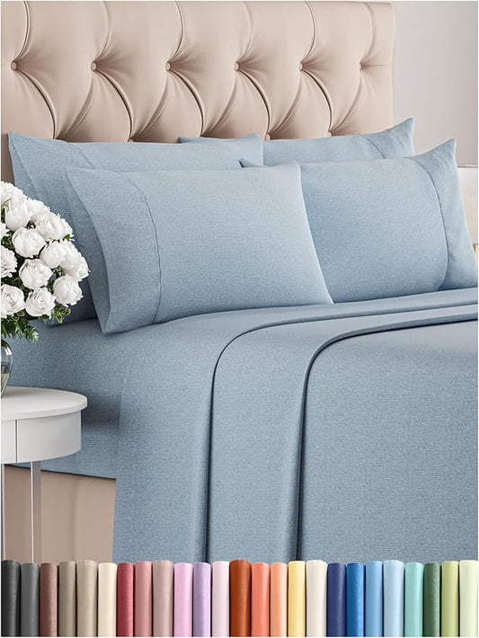 CGK Linens Full 6 Piece Sheet Set - Cooling Sheets for Hot Sleepers - Hotel Luxury Bedding Set with 8-16 Inch Deep Pockets - 1 Flat & 1 Fitted & 4 Pillowcases - Soft and Wrinkle Free - Heathered Blue
