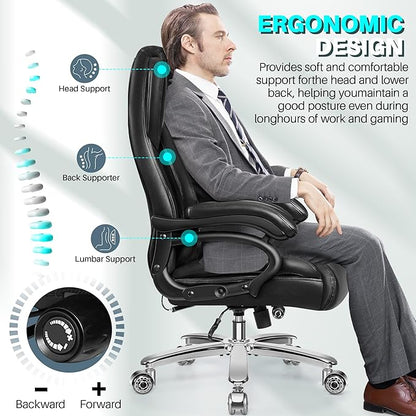 Big and Tall Office Chair, 500lbs Capacity, Black Leather, High Back, Extra Wide Seat, Ergonomic, Adjustable Lumbar Support, Metal Base & Wheels, Black