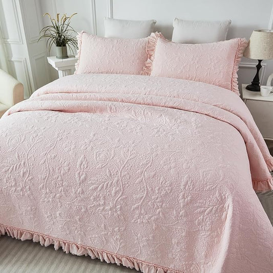 Brandream Queen Size Quilt Set Cotton Light Pink Quilts Shabby Chic Bedding Romantic Ruffle Bedspread Matelasse Coverlet Set 3-Piece