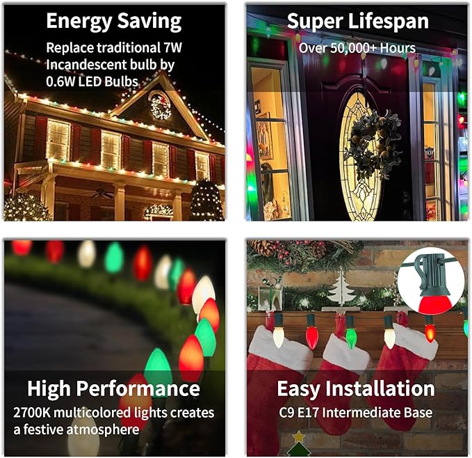25Ft C9 LED Christmas Lights Outdoor Indoor, Multicolor Red Green White Vintage String Lights, Connectable Holiday Decor for Xmas Tree Wedding Party Patio Porch Yard