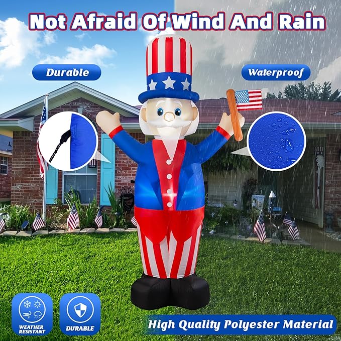 4th of July Inflatable Uncle Sam Decorations, 6FT Fourth of July Decorations Patriotic Independence Day Inflatable Built-in LED Lights for Memorial Day Celebrations Outdoor Yard Garden Decor