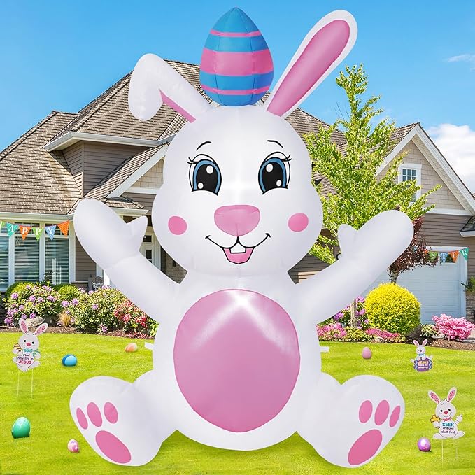 4FT Easter Inflatables Outdoor Decorations, Inflatable Bunny with Egg Built-in LED Lights Happy Easter Blow Up Yard Decorations for Spring Holiday Party Indoor Outdoor Garden Lawn Decor