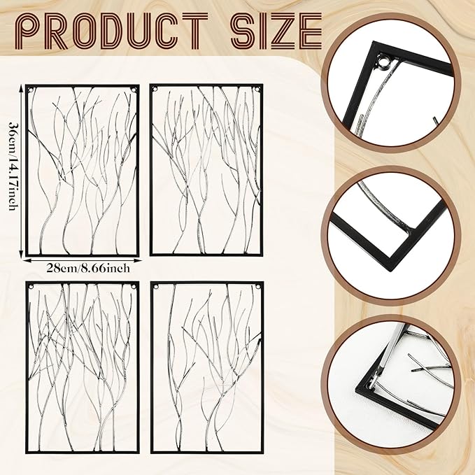 Tandefio 4 Pcs Metal Wall Art Abstract Wall Decoration Tree Branch Sign for Living Room Panels Sculpture Iron Modern Accent Hanging for Home Office(Tree Branch Style)