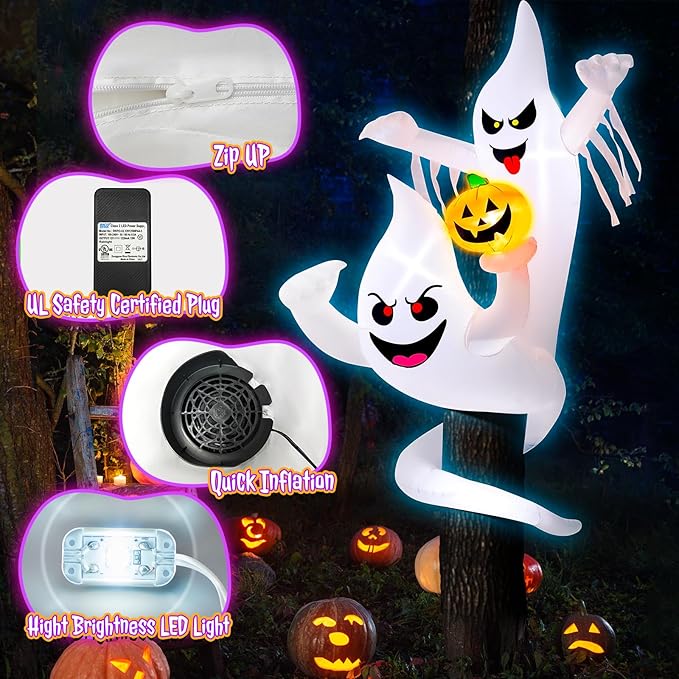 7FT Halloween Inflatables Decoration Outdoor Large Ghost Twining Around Tree with Build-in LED Lights, Halloween Blow Up Yard Decorations, Cute Halloween Decor for Party Garden Lawn Indoor