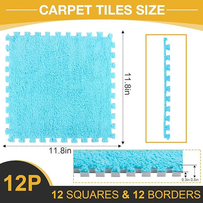12 Pcs Plush Interlocking Carpet Tiles，Non-Toxic Foam Carpet Tiles for Toddler Baby，Machine-Washable，Anti-Slip，EVA Foam Interlocking Tiles for Floor, Nursery, Playroom, Blue