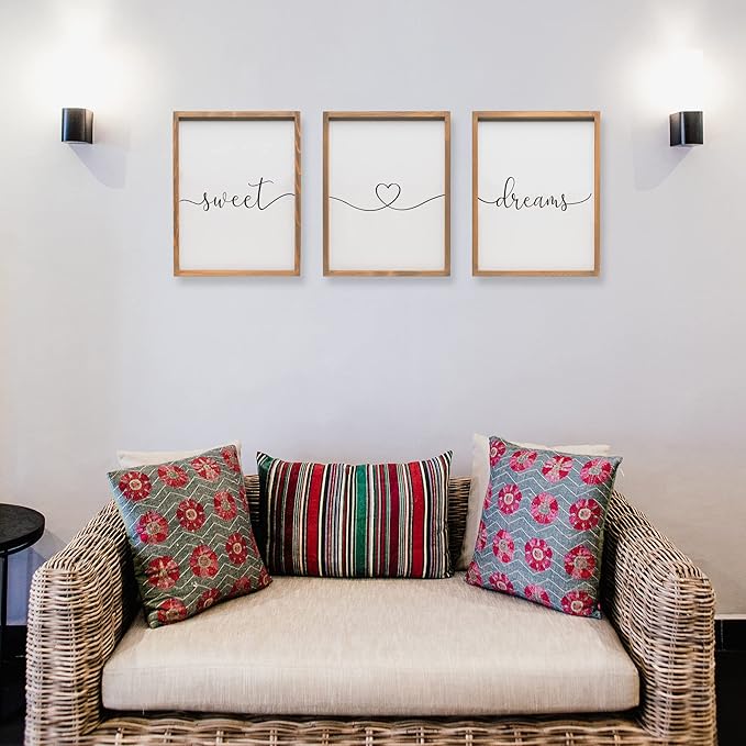 Set of 3 Framed Farmhouse Sweet Dreams Sign 11x14” Above Bed Wall Decor for Bedroom Decor Wall Art Wood Signs (11"x14", Brown)