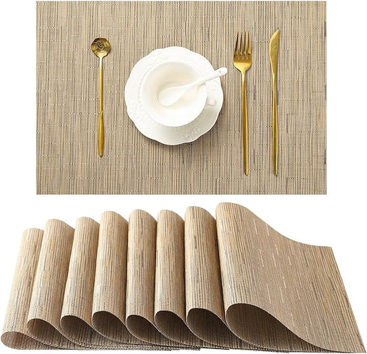 Leetaltree Light Brown Placemats Set of 8 - Heat Resistant Non-Slip Place mats for Dining Table, Washable Durable PVC Vinyl Woven Table Mats（Light Brown, 8）