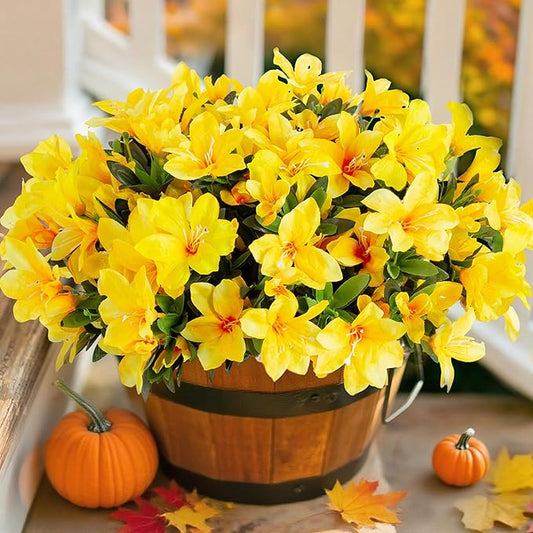 Artificial Flowers for Outdoors, 3 Bundles Fake Silk Azalea Bouquet Faux Flower Plants Outside Decoration UV Resistant Realistic Fake Flowers for Planter Front Door Patio Garden Walkways Home, Yellow