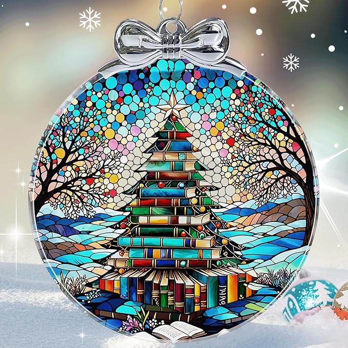 Book Christmas Tree Stained Glass Christmas Ornament - Hanging Ornaments for Christmas Tree Decorations - Holiday Keepsake Present Exchange Idea