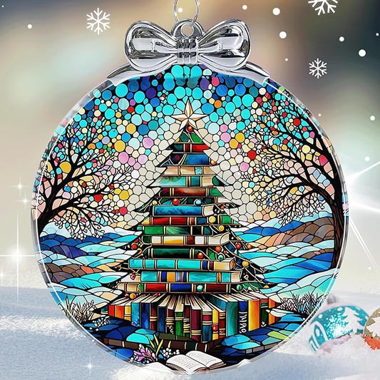 Book Christmas Tree Stained Glass Christmas Ornament - Hanging Ornaments for Christmas Tree Decorations - Holiday Keepsake Present Exchange Idea