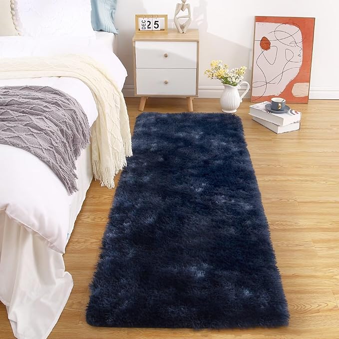 Bedroom Rug 2x6 Runner Rugs Fluffy Shaggy Bedside Hallway Entryway Rugs Soft Plush Floor Carpet for Nursery Kids Room Non Slip Fuzzy Rug Shag Faux Fur Rug for Living Room, Tie Dye Navy