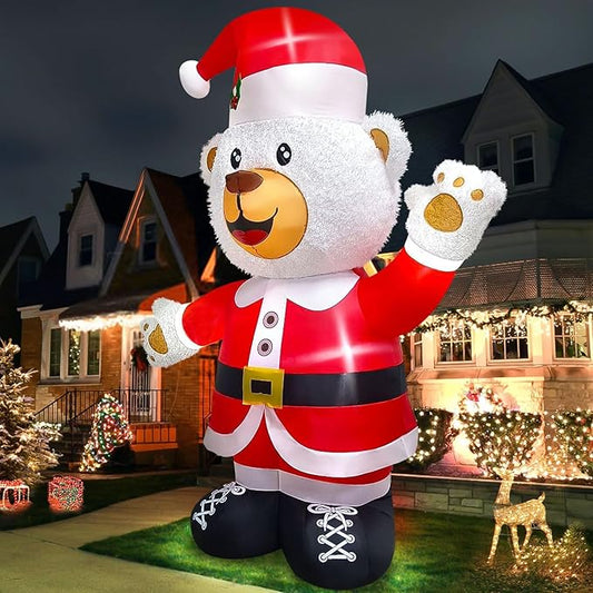 Kalolary 8FT Christmas Inflatable Fluffy Bear with LED Light, White & Red, Plush Fabric, Wind Resistant, Christmas Fluffy Bear Decoration