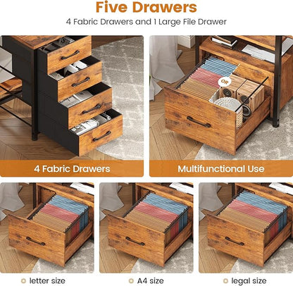 SEDETA Home Office Desk with File Drawer & Power Outlet, 75'' Large Computer Desk with 5 Drawer, Storage Shelves, Monitor Shelf and Led Lights, 23.6" W Desktop Gaming Desk, Rustic Brown
