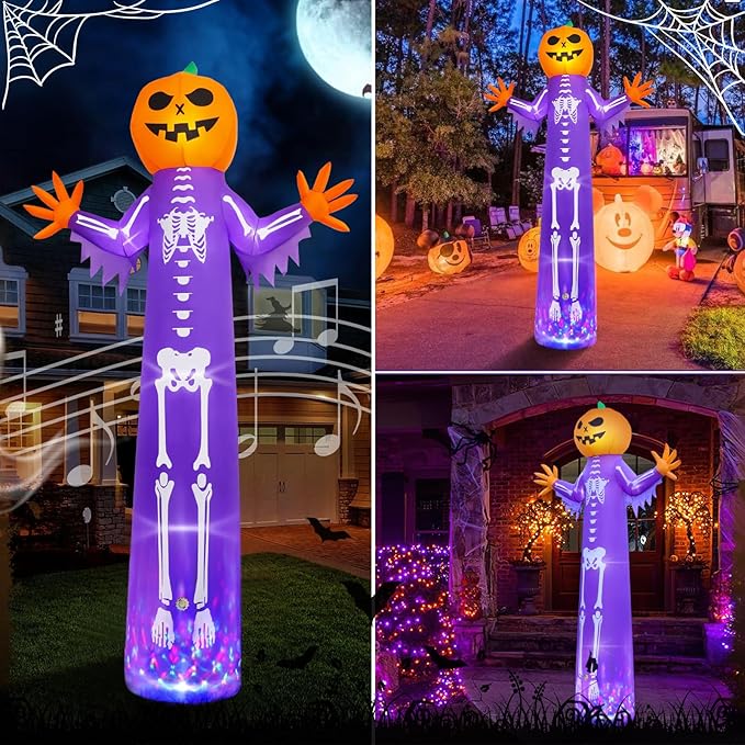 12FT Halloween Inflatable with Scary Music and Build-in LEDs, Giant Pumpkin Halloween Outdoor Decoration, Blow Up Pumpkin Skeleton Decoration for Home Family Party Holiday Yard Lawn Garden