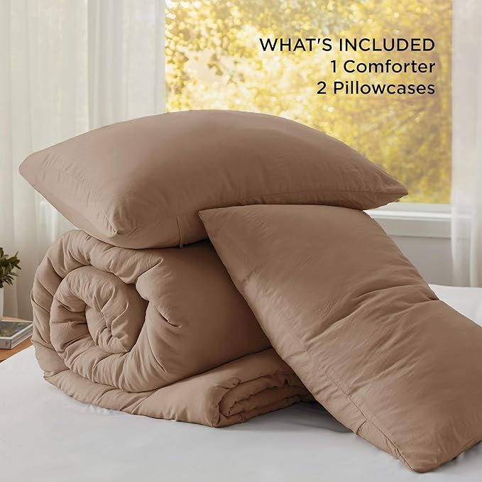 Bedsure Queen Size Comforter Set, Brown Soft Prewashed Bedding for All Seasons, 3 Pieces GentleSoft™ Warm Down Alternative Bed Set, 1 Lightweight Comforter (90"x90") and 2 Pillowcases (20"x26")