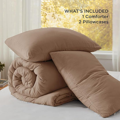 Bedsure Queen Size Comforter Set, Brown Soft Prewashed Bedding for All Seasons, 3 Pieces GentleSoft™ Warm Down Alternative Bed Set, 1 Lightweight Comforter (90"x90") and 2 Pillowcases (20"x26")