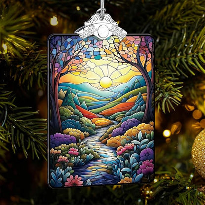 Colorful Mountain Path Landscape Stained Glass Ornament, 2025 Christmas Tree Hanging Decoration for Gift Exchange or Stocking Stuffer, Nature Holiday Decor, 3.8 x 2.4 Inch