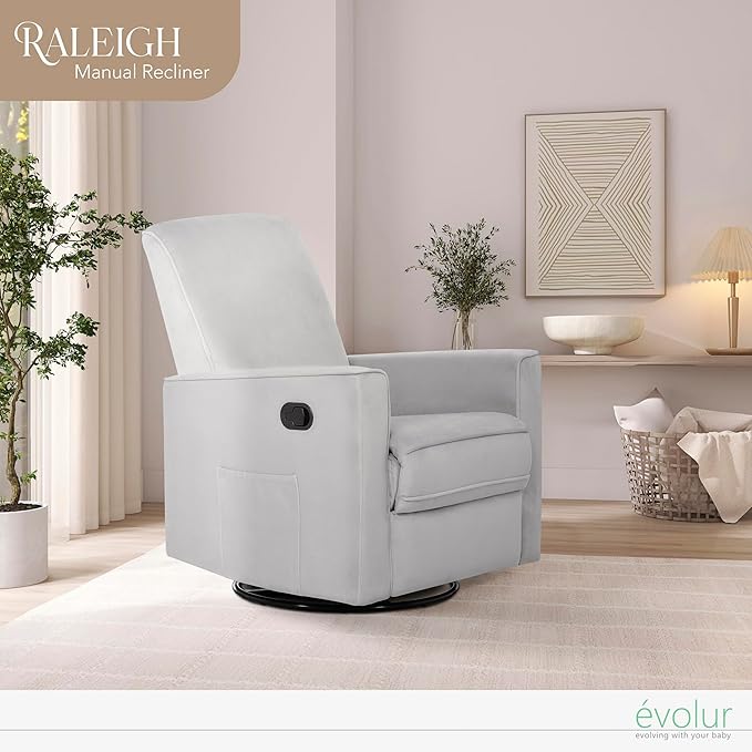 Evolur Raleigh Upholstered Plush Seating Glider Swivel, Recliner, Glider For Nursery In Misty Grey, Greenguard Gold Certified, Modern Nursery Recliner, Environmentally Conscious Glider