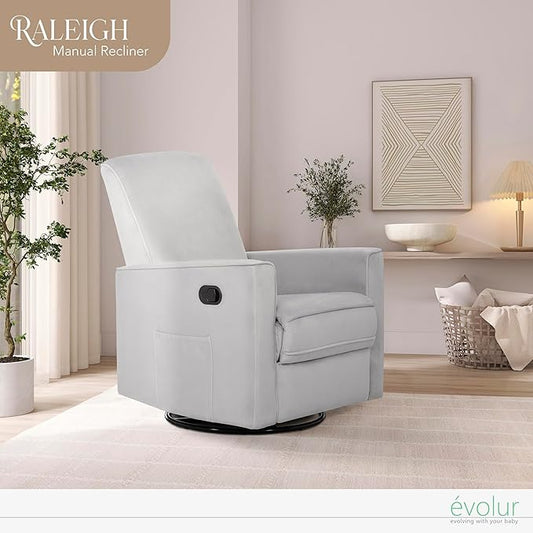 Evolur Raleigh Upholstered Plush Seating Glider Swivel, Recliner, Glider For Nursery In Misty Grey, Greenguard Gold Certified, Modern Nursery Recliner, Environmentally Conscious Glider