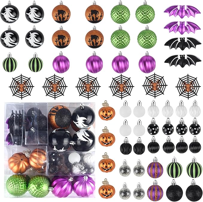62Pcs Halloween Hanging Ball Ornaments, Ornaments Tree Decorations, Shatterproof Plastic Balls for Cute Holiday Party Indoor Home Decor (62Pack)
