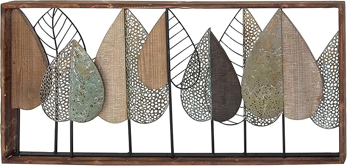 Deco 79 Wood Leaf Home Wall Decor Cutout Wall Sculpture with Green and Black Metal Wire Accents, Wall Art 47" x 3" x 22", Brown
