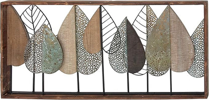 Deco 79 Wood Leaf Home Wall Decor Cutout Wall Sculpture with Green and Black Metal Wire Accents, Wall Art 47" x 3" x 22", Brown